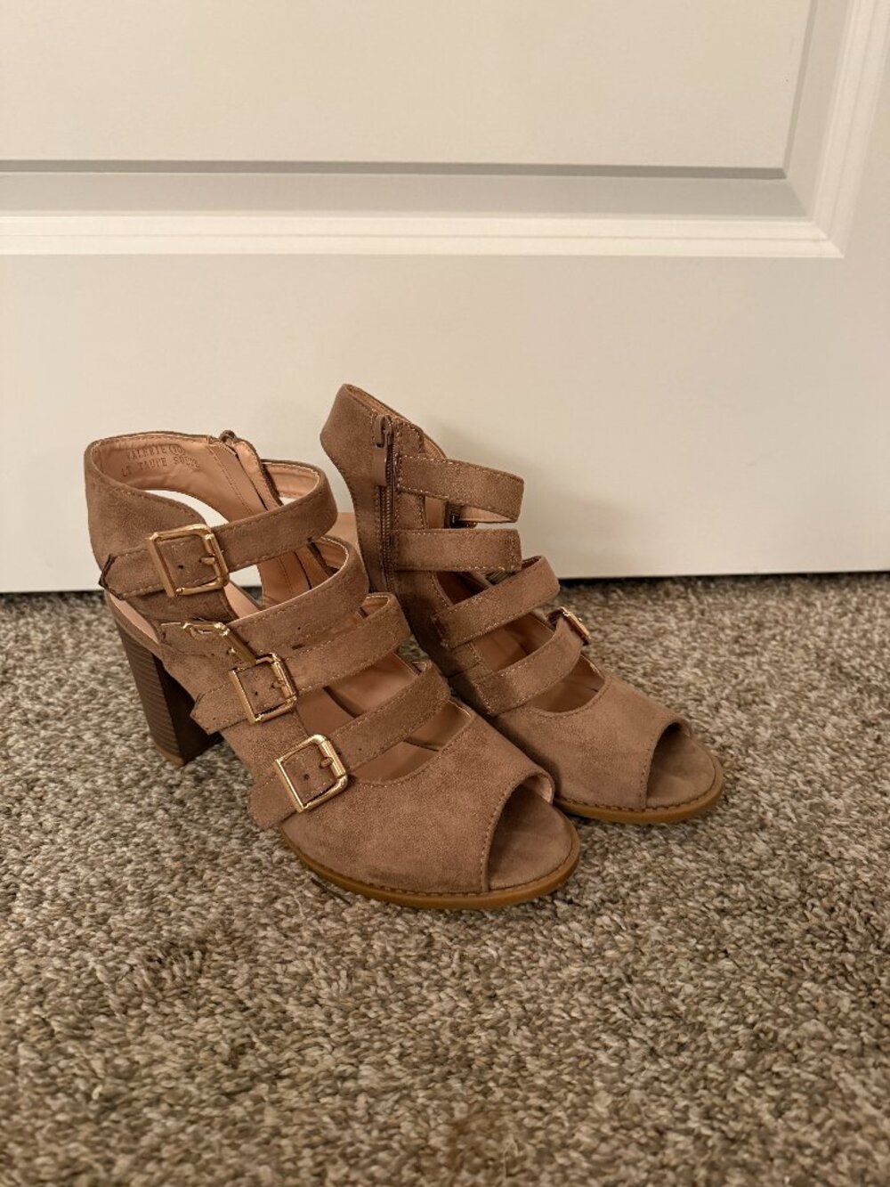 Taupe Suede Strappy Buckle Block Heel Sandals Size 10